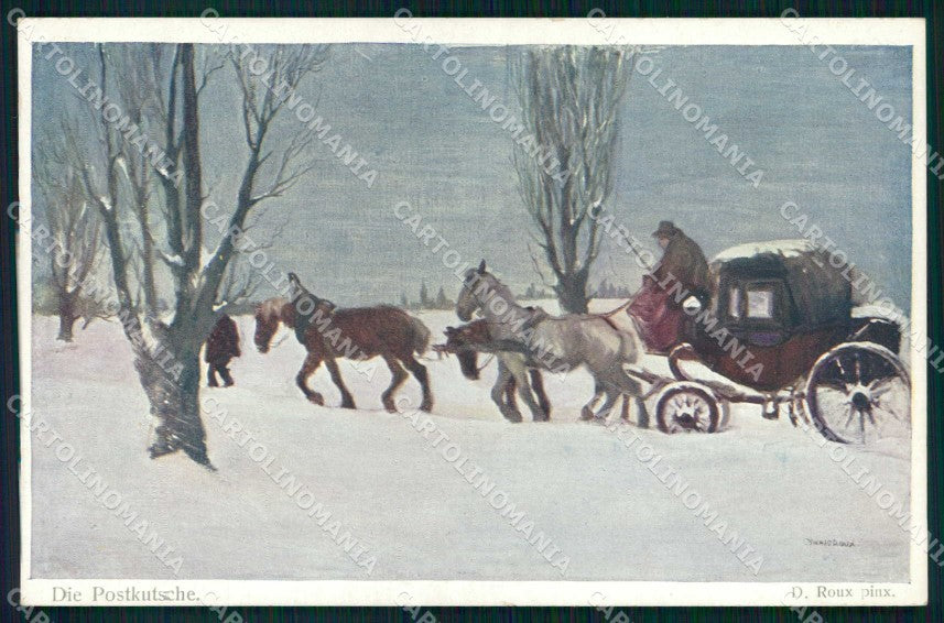 Artist Signed D. Roux Die Postkutsche Diligenza Horse Pferd cartolina KF6470 – fronte