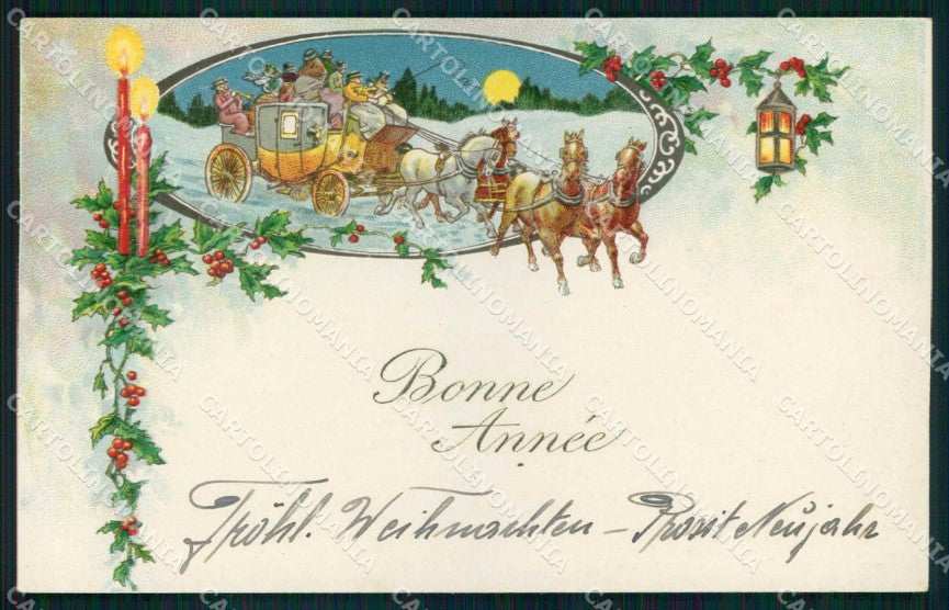 Augurale Buon Anno Carrozza Cavallo Horse Pferd 3307 cartolina KF6476 – fronte