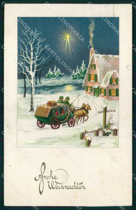 Augurale Buon Natale Carrozza Cavallo Horse Pferd Weihnachten cartolina KF6478 – fronte
