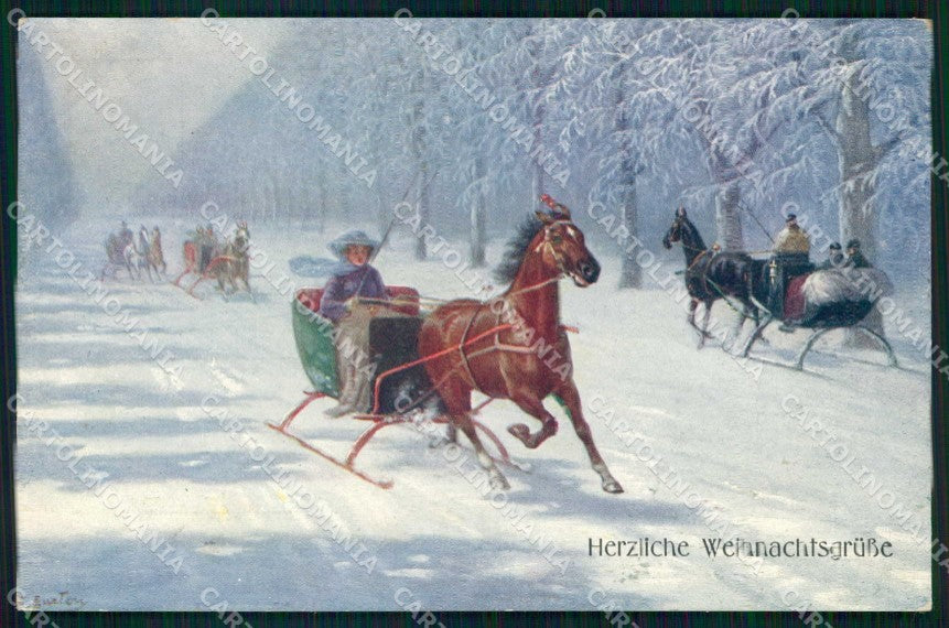 Artist Signed Cavallo Slitta Horse Pferd Weihnachten BKWI 943 cartolina KF6479 – fronte