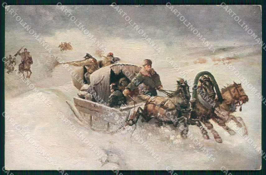 Artist Signed Attaque de la Poste Slitta Cavallo Horse Pferd cartolina KF6487 – fronte