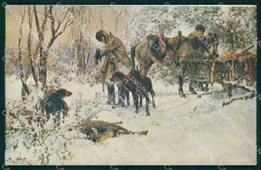 Artist Signed Jaroslav Vesin Caccia Hunting Winter Landscape cartolina KF6592 – fronte