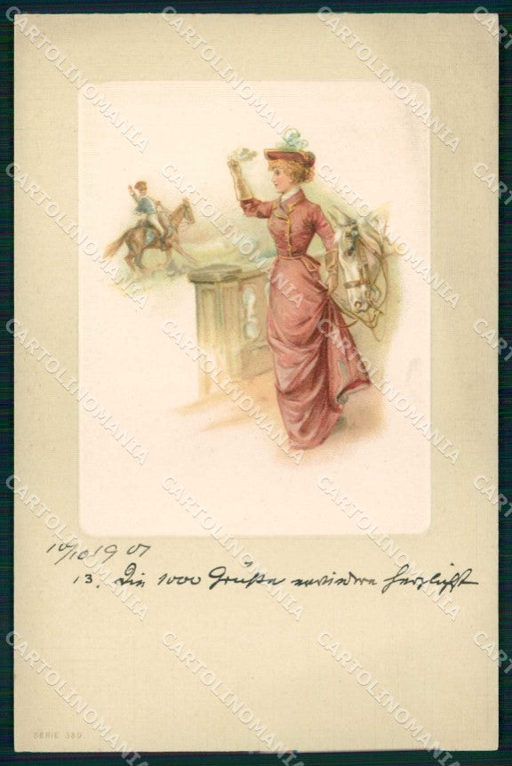 Artist Signed Glamour Lady Horse Pferd Cavallo serie 389 cartolina KF6619 – fronte