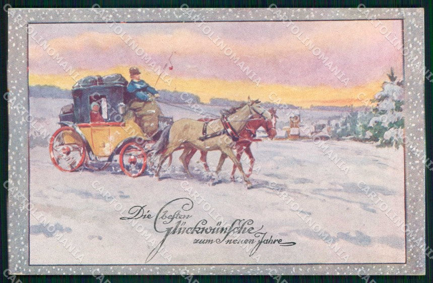 Artist Signed Feiertag Carrozza Cavallo Horse Pferd BKWI 3297 cartolina KF6626 – fronte