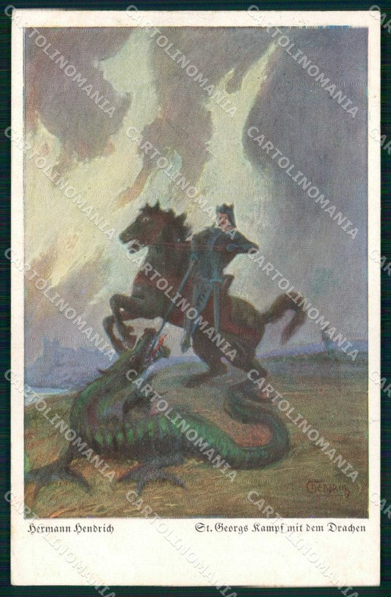 Artist Signed H. Hendrich St. Georg San Giorgio Drago Horse cartolina KF6647 – fronte