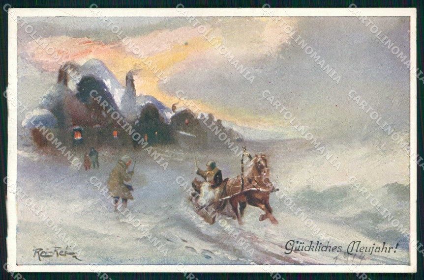 Artist Signed Horse Pferd Cavallo Winter Landscape CREASED BKWI cartolina KF6712 – fronte