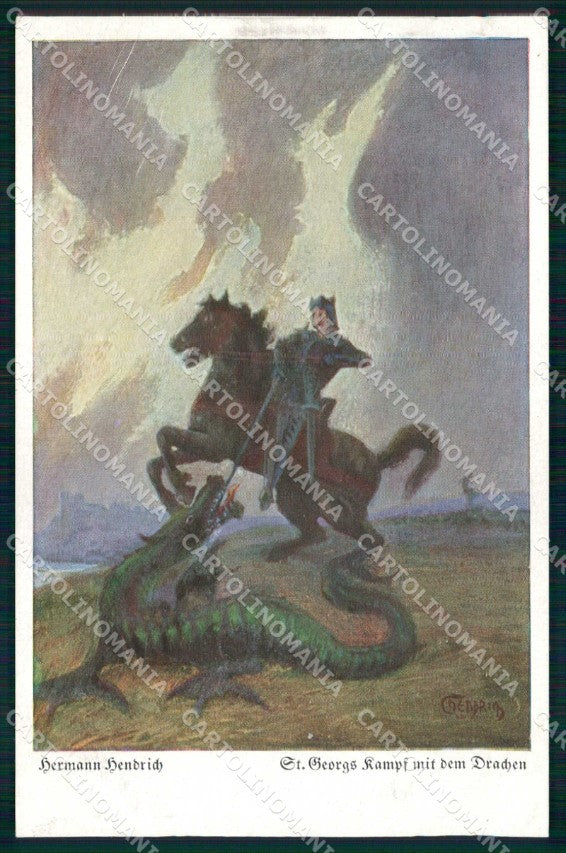 Artist Signed H. Hendrich St. Georg San Giorgio Drago Horse cartolina KF6736 – fronte