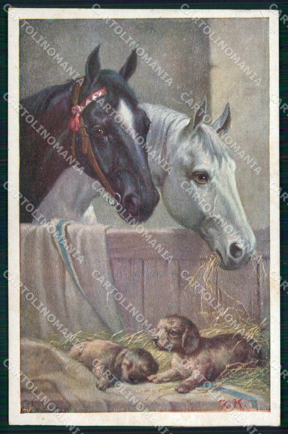 Artist Signed Reichert Cheval Horse Pferd Dog BKWI serie 380 cartolina KF6742 – fronte