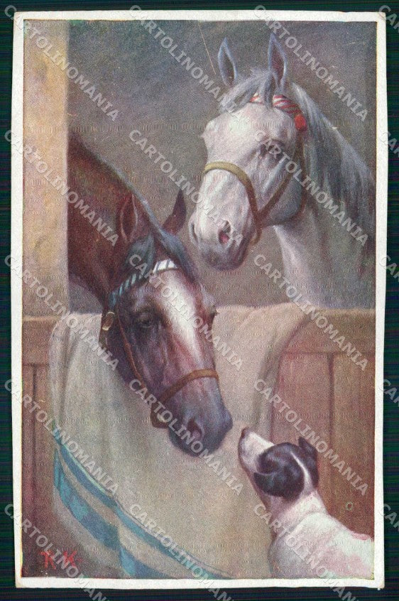 Artist Signed Reichert Cheval Horse Pferd Dog BKWI serie 380 cartolina KF6743 – fronte