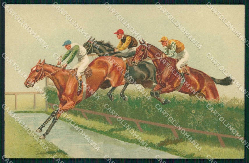 Artist Signed O.M. Sport Ippica Horse Pferd Meissner serie 1989 cartolina KF6759 – fronte