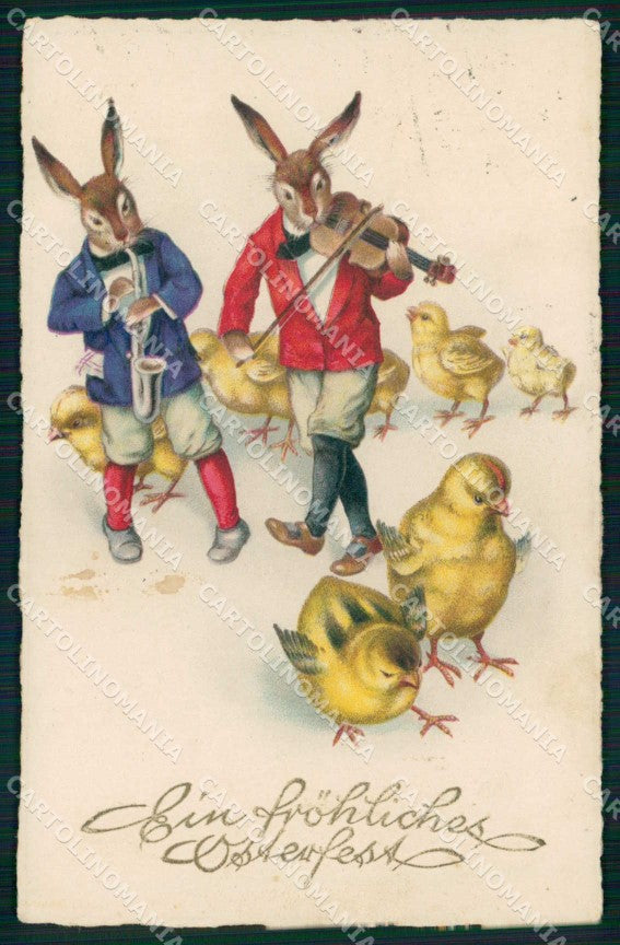 Artist Signed Baumgarten ? Dressed Rabbit Chick Easter Pasqua cartolina KF6773 – fronte