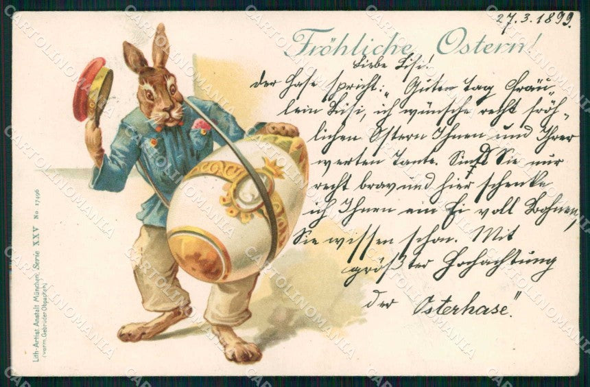 Augurale Dressed Rabbit Chick Easter Pasqua 1899 serie 17496 cartolina KF6801 – fronte