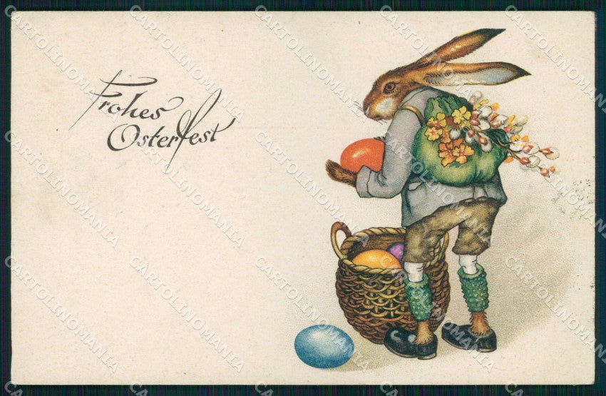 Artist Signed Baumgarten ? Dressed Rabbit Easter Pasqua cartolina KF6821 – fronte