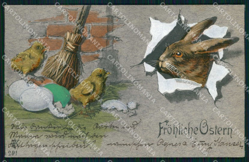 Augurale Rabbit Chick Egg Easter Pasqua cartolina KF6822 – fronte