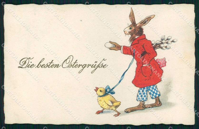 Artist Signed Baumgarten ? Dressed Rabbit Chick Easter ERIKA WRINKLES pc KF6839 – fronte