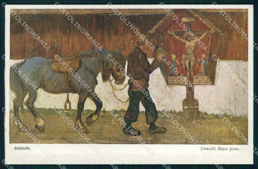 Artist Signed Oswald Roux Andacht Horse Man B K W I 1919 cartolina KF6893 – fronte