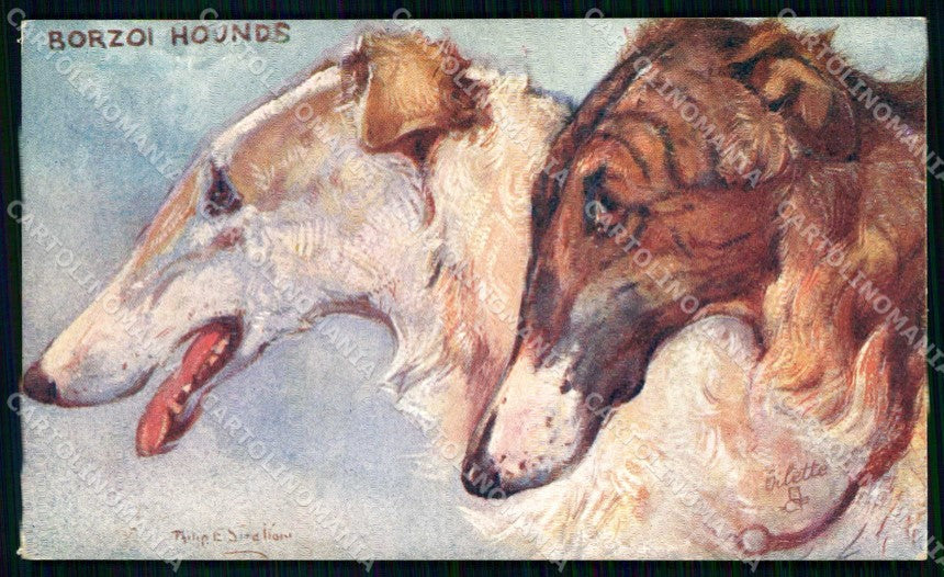 Artist Signed P Stretton Borzoi Hounds Dog Oilette 9534 TRIMMED cartolina KF6949 – fronte