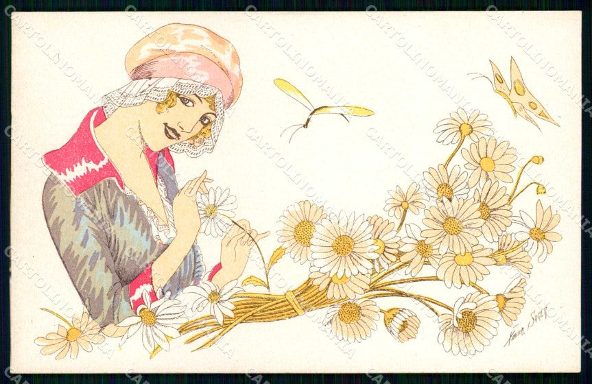 Artist Signed Xavier Sager Fashion Lady Flowers cartolina KF7124 – fronte
