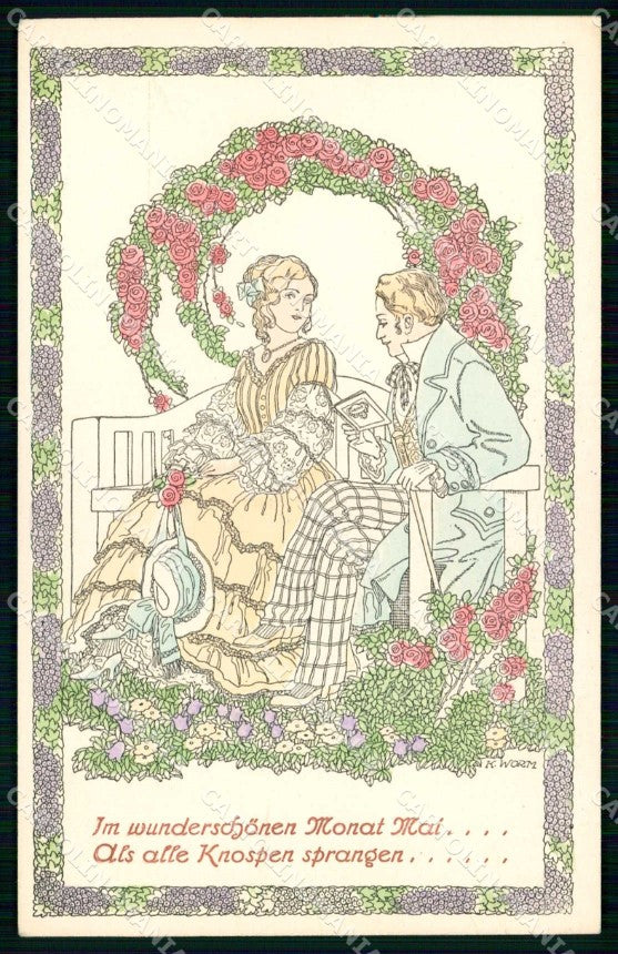 Artist Signed K. Worm Art Deco Romantic Couple Lady serie 103 cartolina KF7127 – fronte