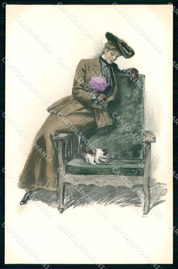 Artist Signed Clarence F. Underwood Lady Cat M M Vienne 303 cartolina KF7139 – fronte