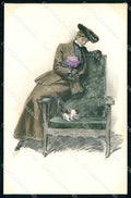 Artist Signed Clarence F. Underwood Lady Cat M M Vienne 303 cartolina KF7139 – fronte