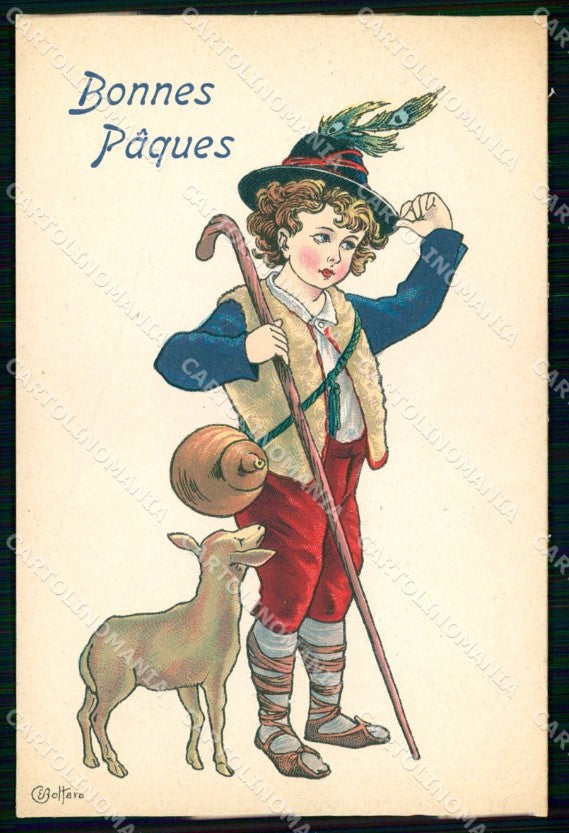 Artist Signed Bottaro Boy Lamb Easter Augurale Pasqua cartolina KF7150 – fronte