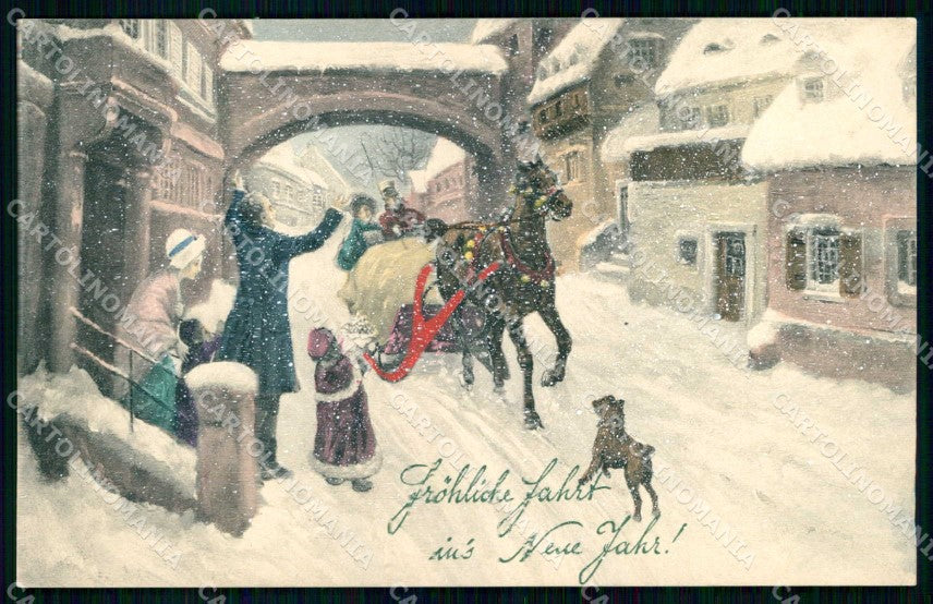 Artist Signed Viennoise Horse Winter Landscape Christmas serie 5059 cp KF7169 – fronte