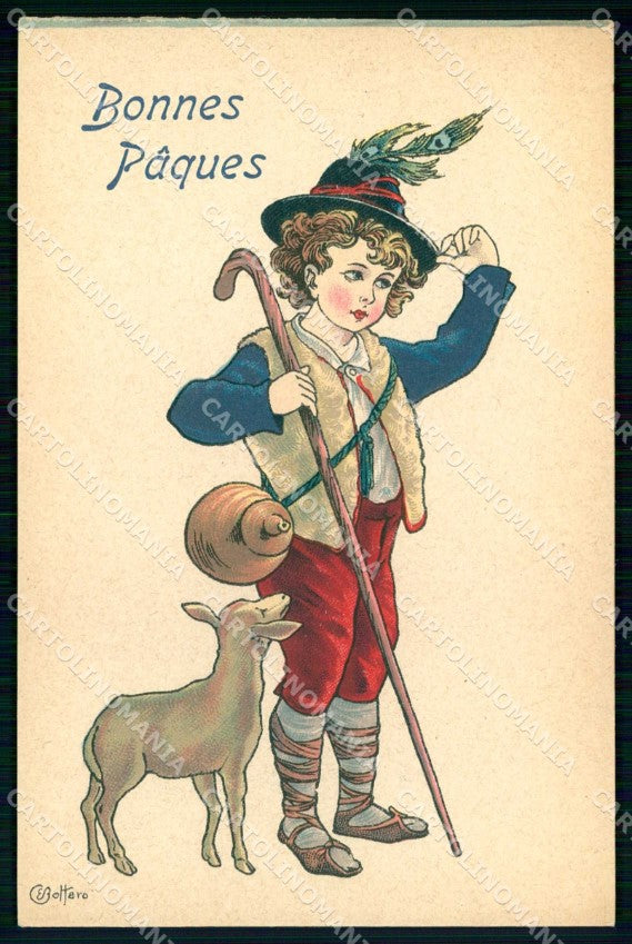 Artist Signed Bottaro Boy Lamb Easter Augurale Pasqua serie 3046-5 cp KF7195 – fronte