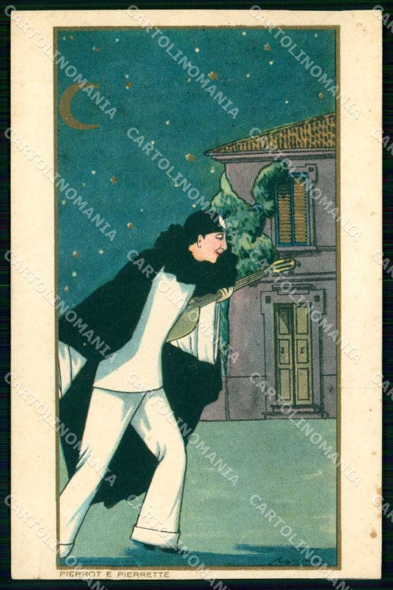 Artist Signed Scattina Pierrot Pierrette Art Deco Sborgi cartolina KF7209 – fronte