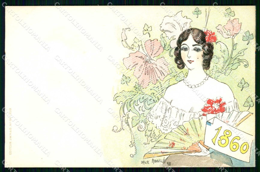Artist Signed Jack Abeille Lady Fashion Moda serie 24 cartolina KF7221 – fronte