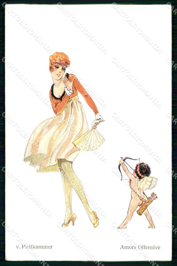 Artist Signed Puttkammer Glamour Lady Fashion Cupid WSSB 6481 cartolina KF7252 – fronte