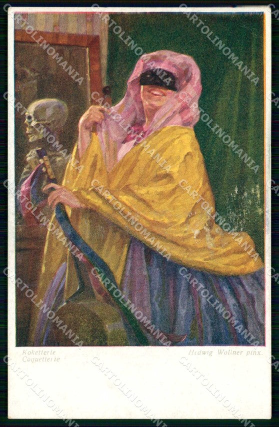 Artist Signed Wollner Lady Skull Skeleton Death Coquetterie BKWI 2057 cp KF7281 – fronte