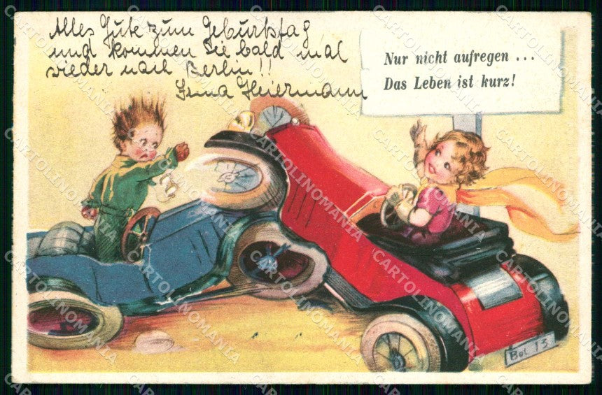 Artist Signed Busi Children Car Comic cartolina KF7286 – fronte