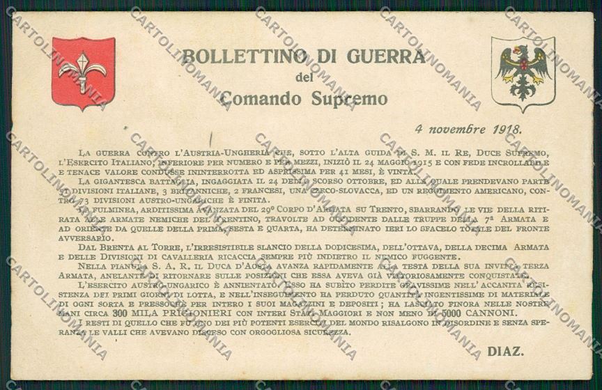 WW1 WWI Propaganda Bollettino di Guerra Trento Trieste Diaz postcard KS1978 – fronte