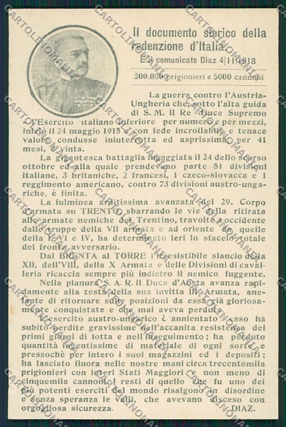 WW1 WWI Propaganda Trento Trieste Diaz TEAR postcard KS2282 – fronte