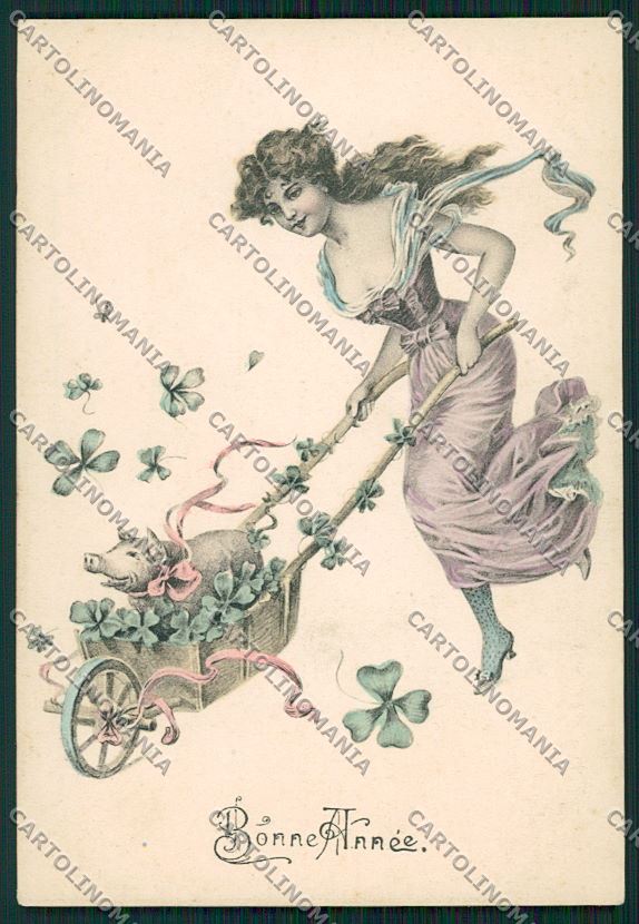 Artist Signed Art Nouveau Lady Pig Porte Bonheur Viennoise postcard KS2718 – fronte