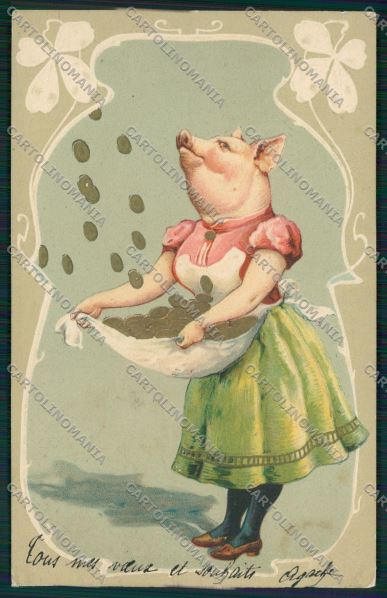 Artist Dressed Pig Good Luck coins relief postcard cartolina KS3749 – fronte