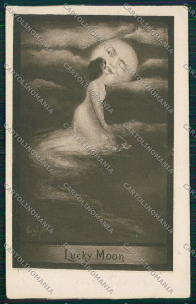 Romantic Lady kissing paper moon Fidler Alice Luella postcard cartolina KS3885 – fronte