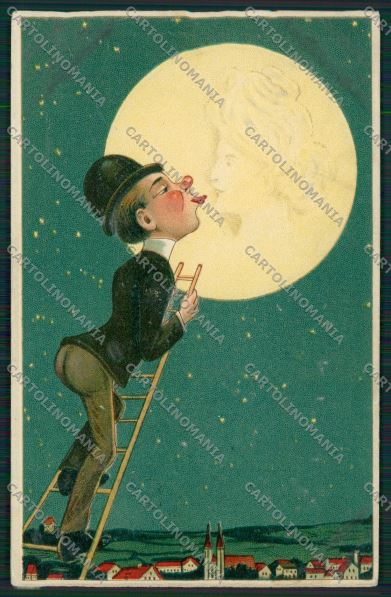 Man kissing paper moon comic relief PIN HOLE postcard cartolina KS3897 – fronte