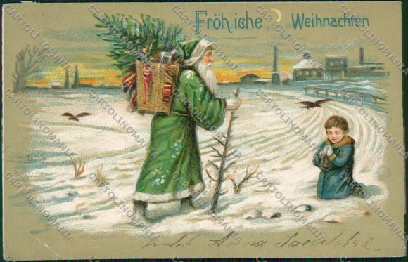 Santa Claus green relief Christmas CORNER CREASE postcard cartolina KS3944 – fronte