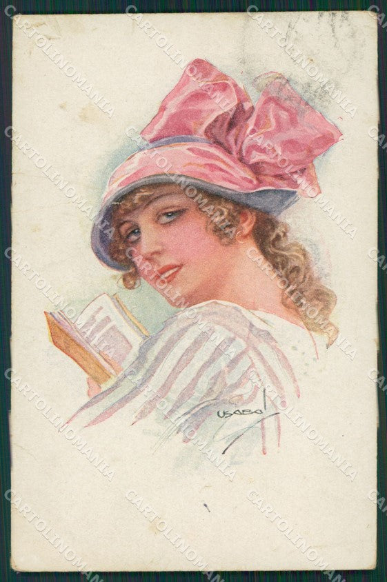 Usabal Glamour Fashion Lady Hat Art Deco CREASED postcard cartolina KS4055 – fronte