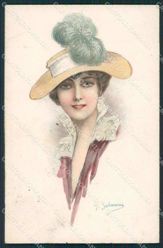 Salmoni Glamour Fashion Lady Hat Art Deco postcard cartolina KS4459 – fronte
