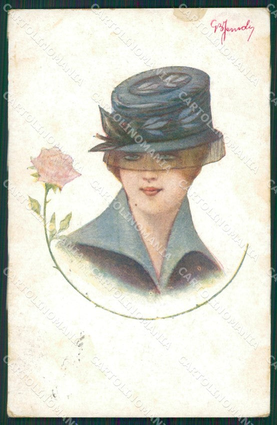 Glamour Fashion Lady Hat Art Deco ABRADED postcard cartolina KS4515 – fronte