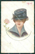 Glamour Fashion Lady Hat Art Deco ABRADED postcard cartolina KS4515 – fronte