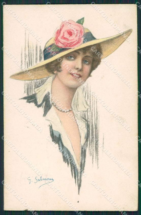 Salmoni Glamour Fashion Lady Hat Art Deco postcard cartolina KS4533 – fronte