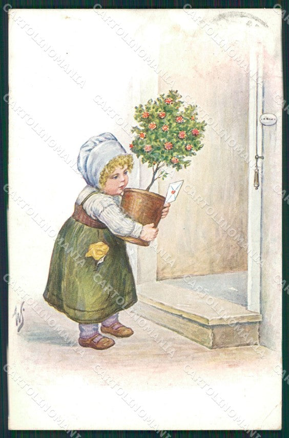 Artist Scheuermann Little Girl Dog CORNER CREASE postcard cartolina KS4923 – fronte