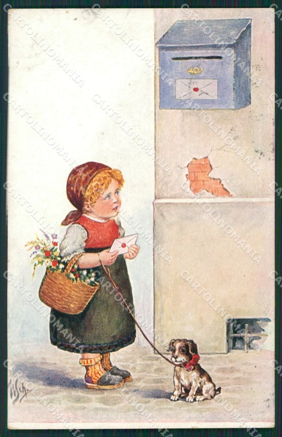 Artist Scheuermann Little Girl Dog postcard cartolina KS4924 – fronte