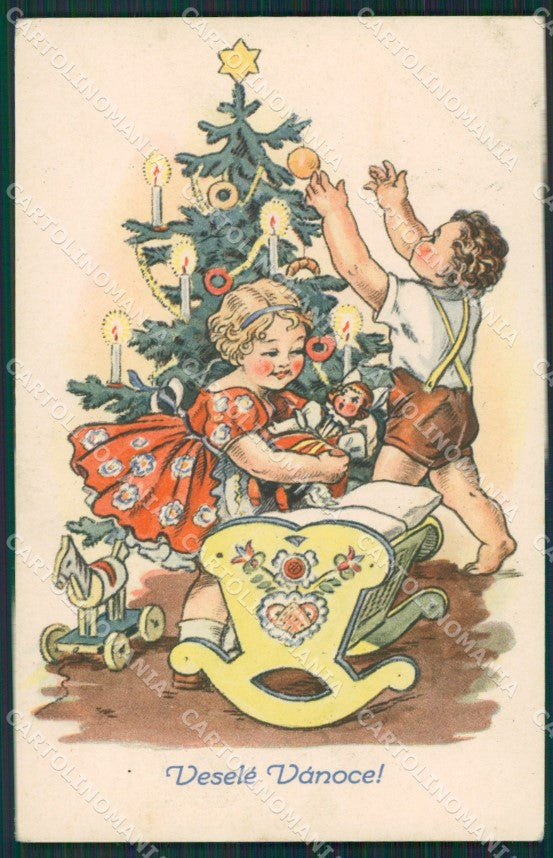 Artist Christmas Tree Children Fischerova postcard cartolina KS4953 – fronte