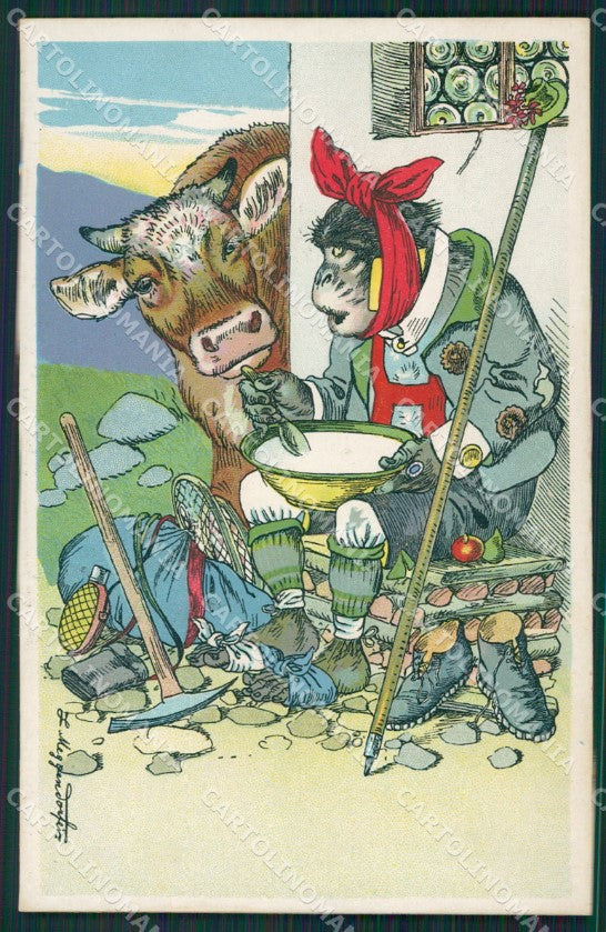 Artist Meggendorfer Dressed Monkey Cow postcard cartolina KS5655 – fronte