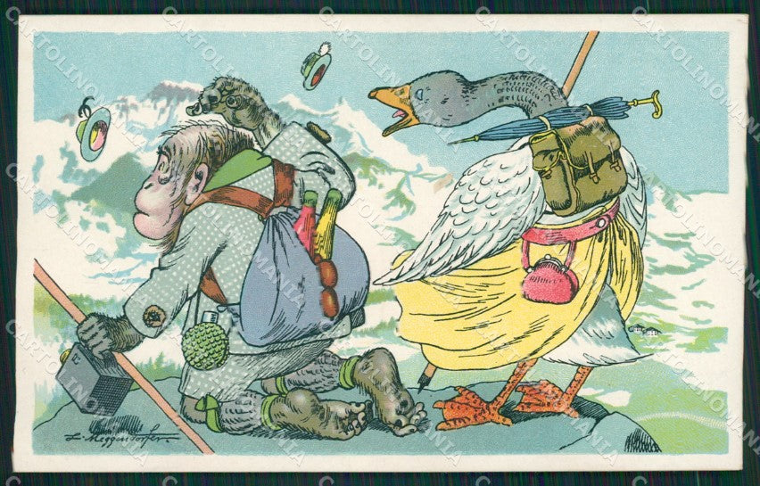 Artist Meggendorfer Dressed Monkey Goose postcard cartolina KS5657 – fronte
